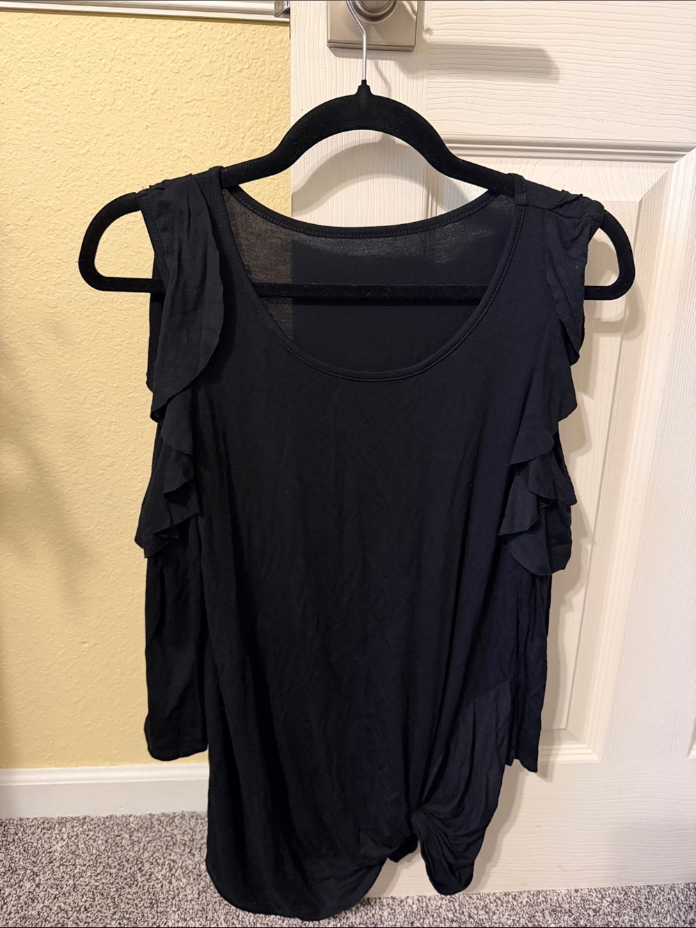 Black Ruffle Open Sleeve Women's Top